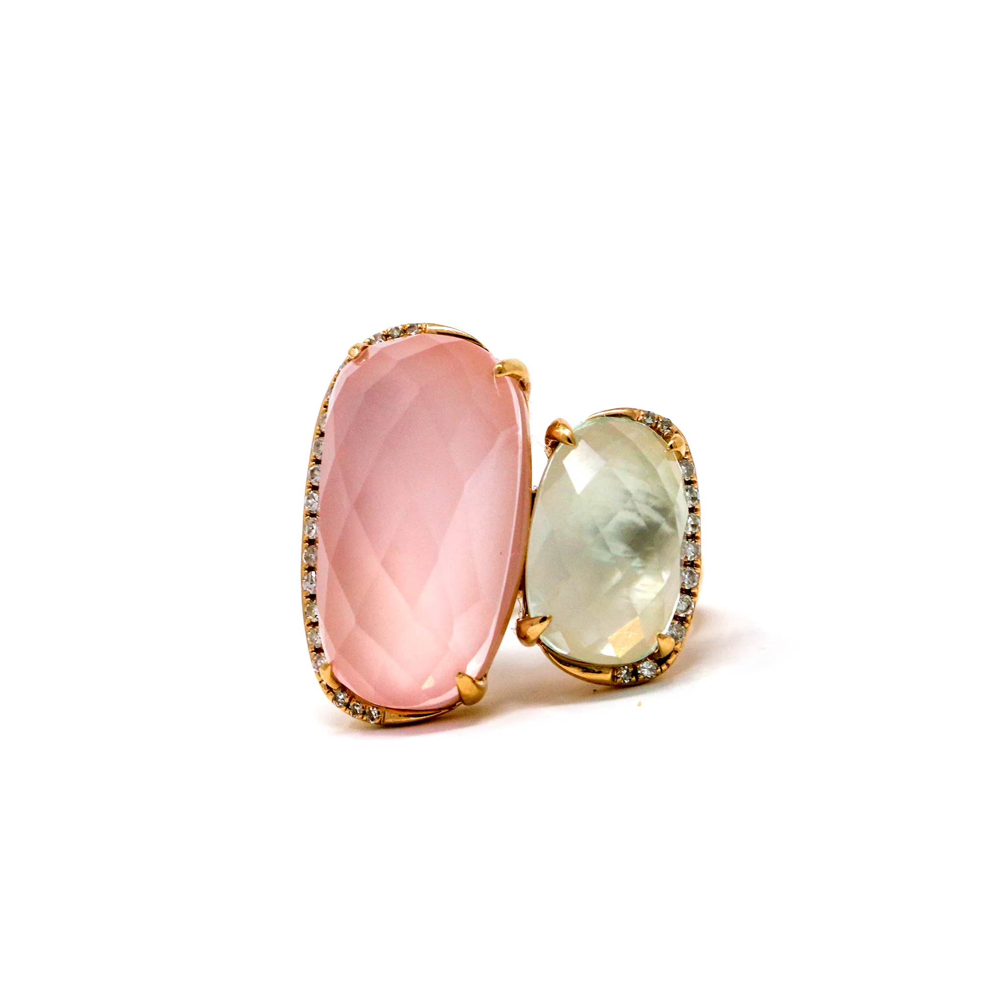 Duo Rose and Green Quartz Ring in 18K Rose Gold