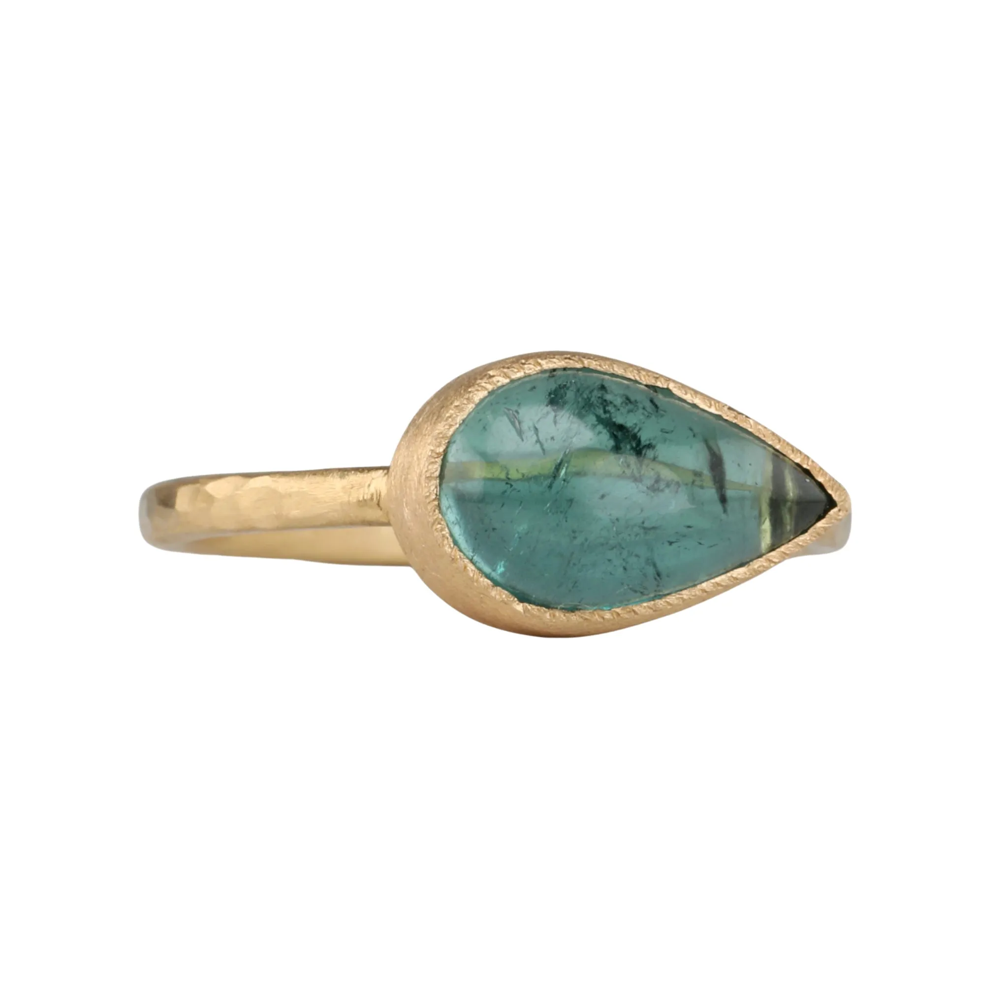 East-West Cabochon Teardrop Green Tourmaline Ring