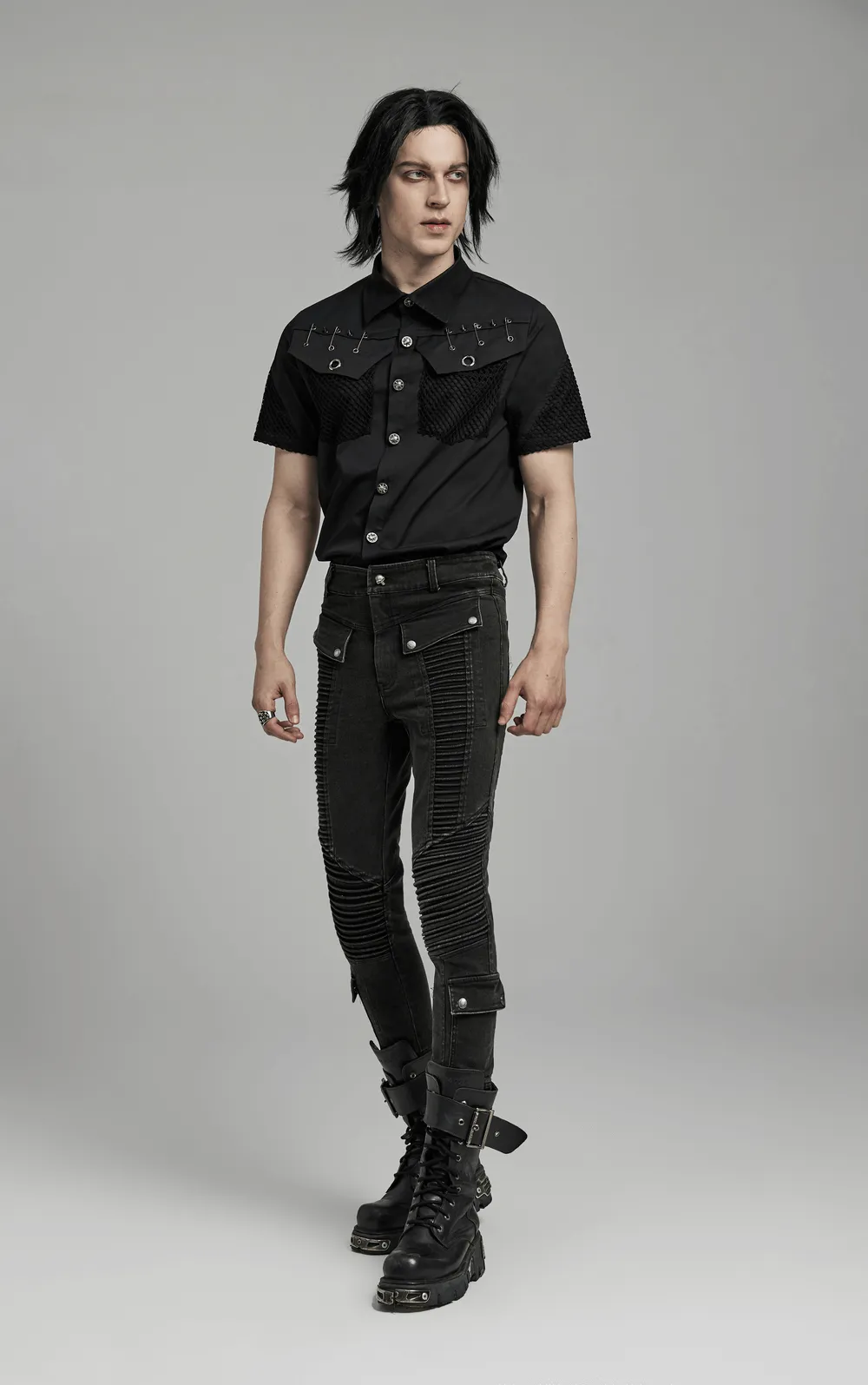 Edgy Punk Black Skinny Drawstring Jeans for Men