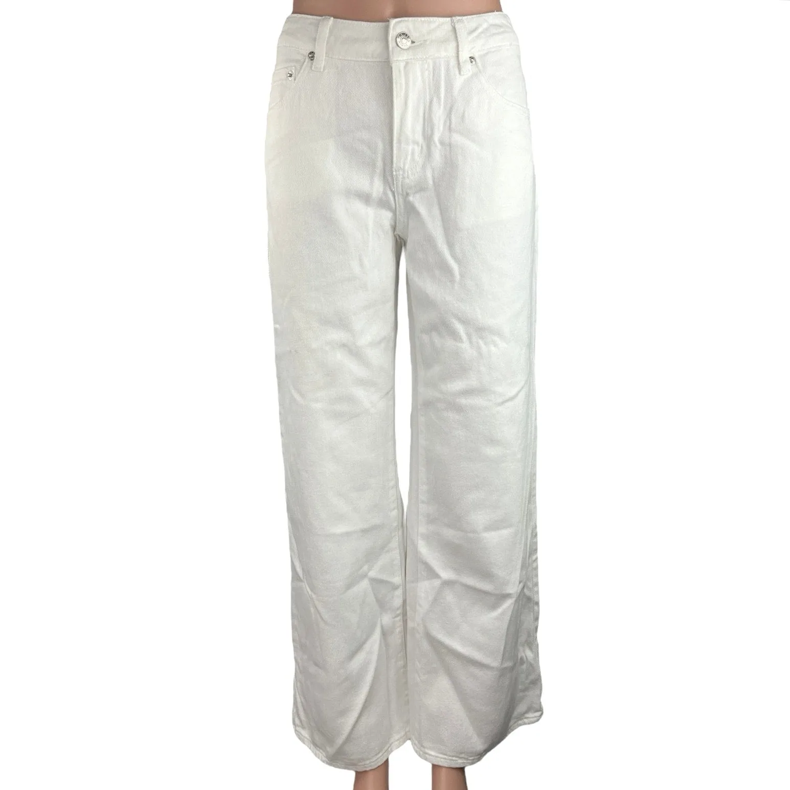 Edikted NWT Women's White Denim Mid Rise Loose Fit Wide Flared Jeans Pant Sz S