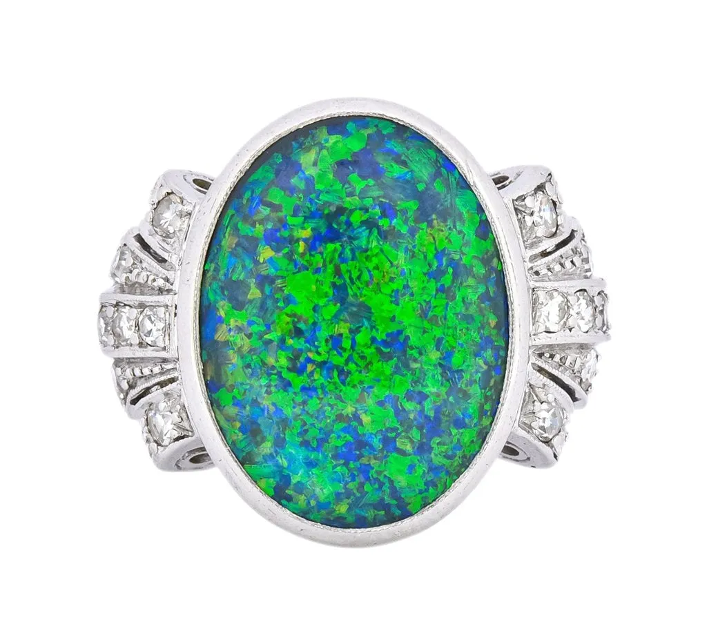 Edwardian Black Opal Diamond Platinum Cocktail Ring