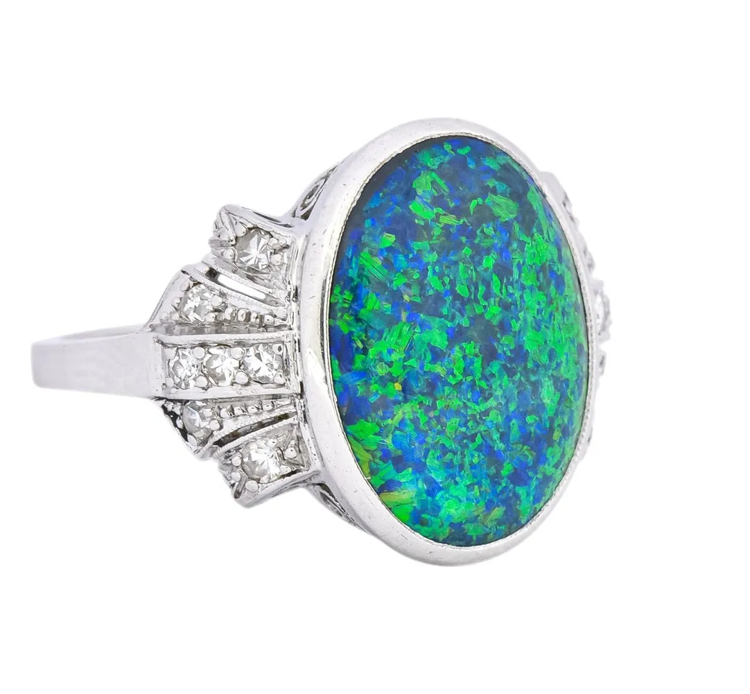 Edwardian Black Opal Diamond Platinum Cocktail Ring