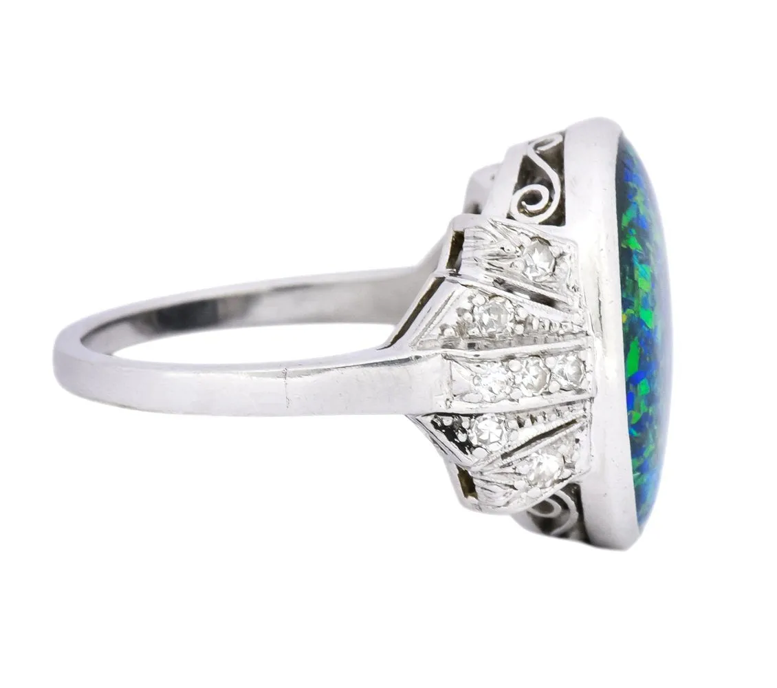 Edwardian Black Opal Diamond Platinum Cocktail Ring