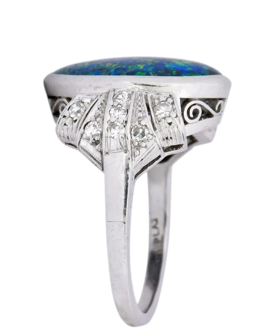 Edwardian Black Opal Diamond Platinum Cocktail Ring