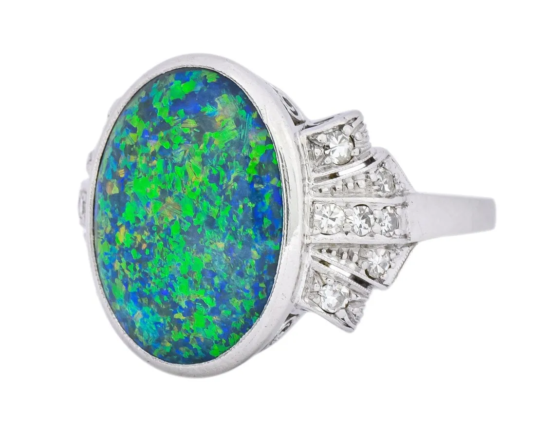 Edwardian Black Opal Diamond Platinum Cocktail Ring