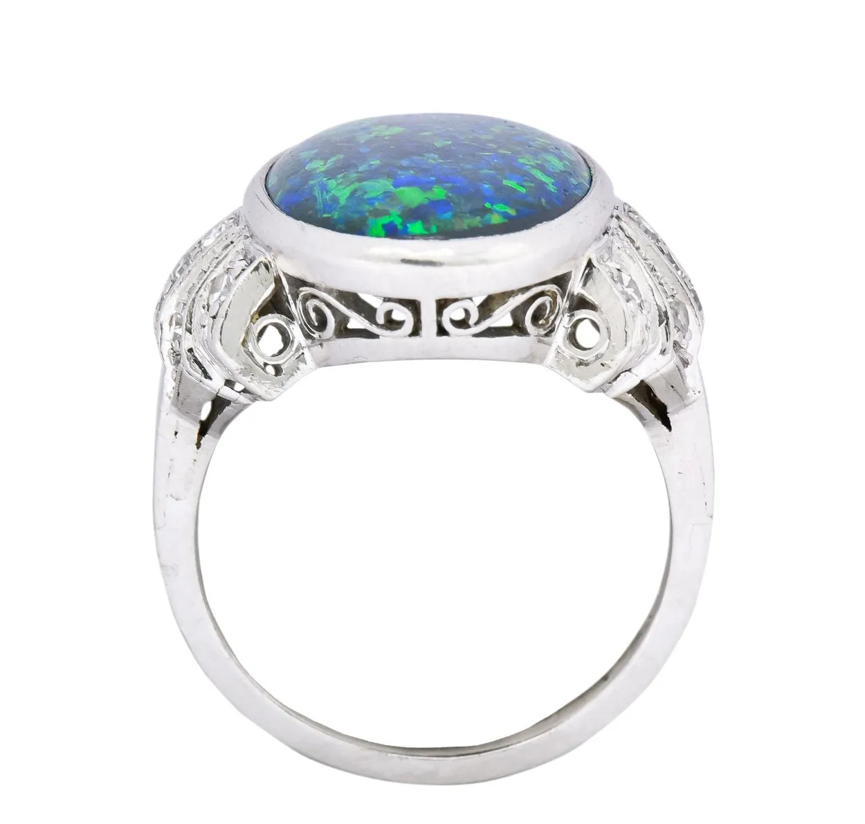 Edwardian Black Opal Diamond Platinum Cocktail Ring