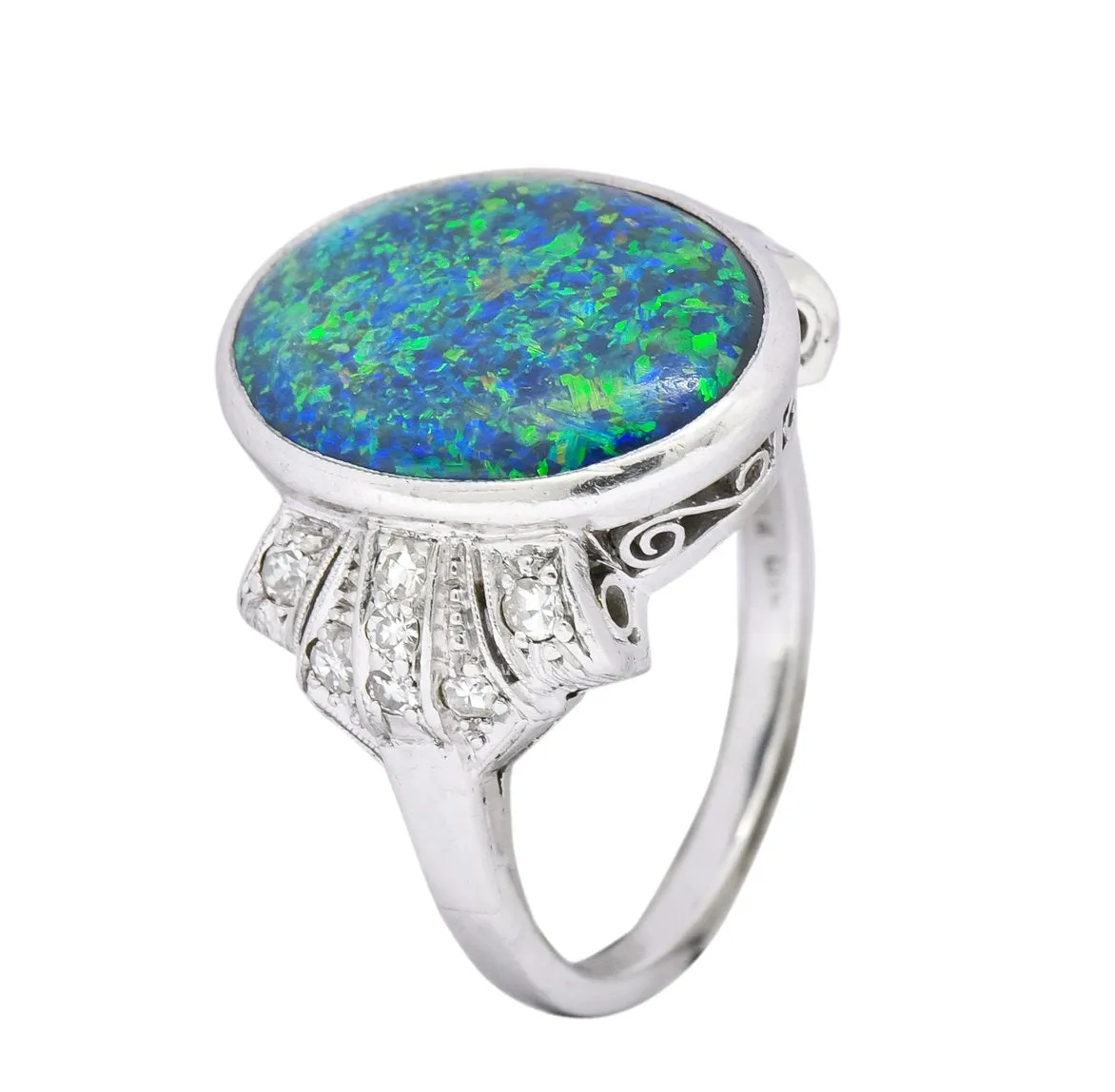 Edwardian Black Opal Diamond Platinum Cocktail Ring