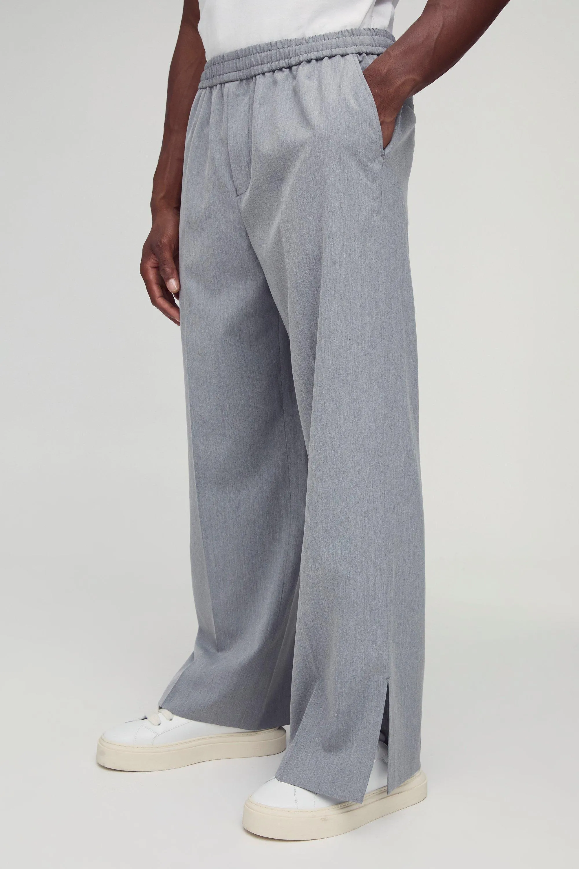 Elasticated Waist Split Hem Wide Leg Tailored Trousers
