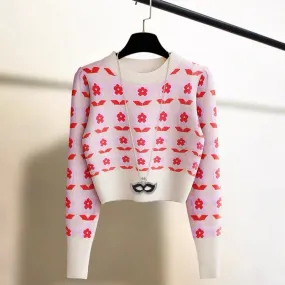 Embroidered flower breast style high-waisted pink pullover sweater for women in autumn and winter new warm base knitted sweater 