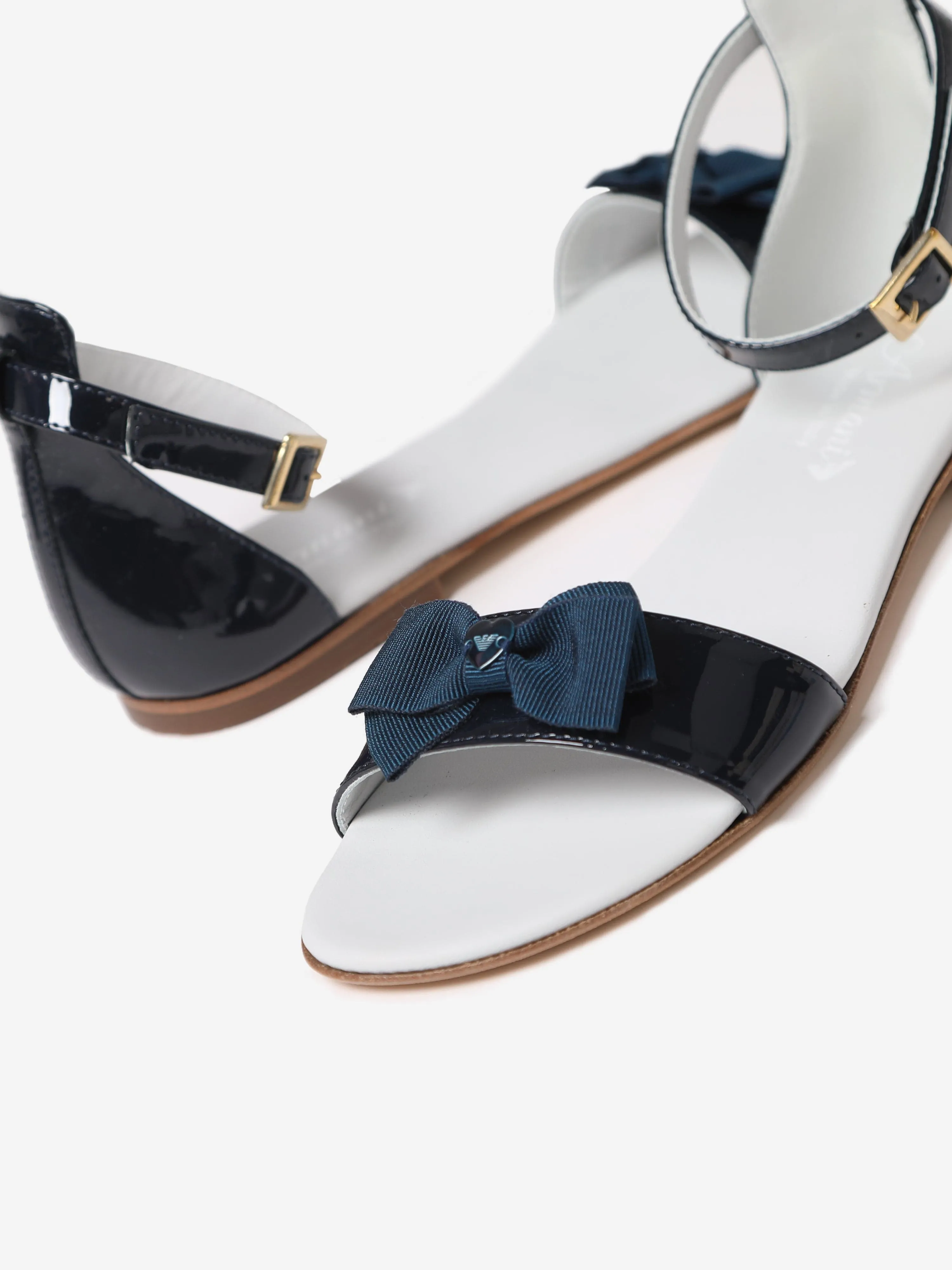 Emporio Armani Girls Blue Patent Sandals With Bow