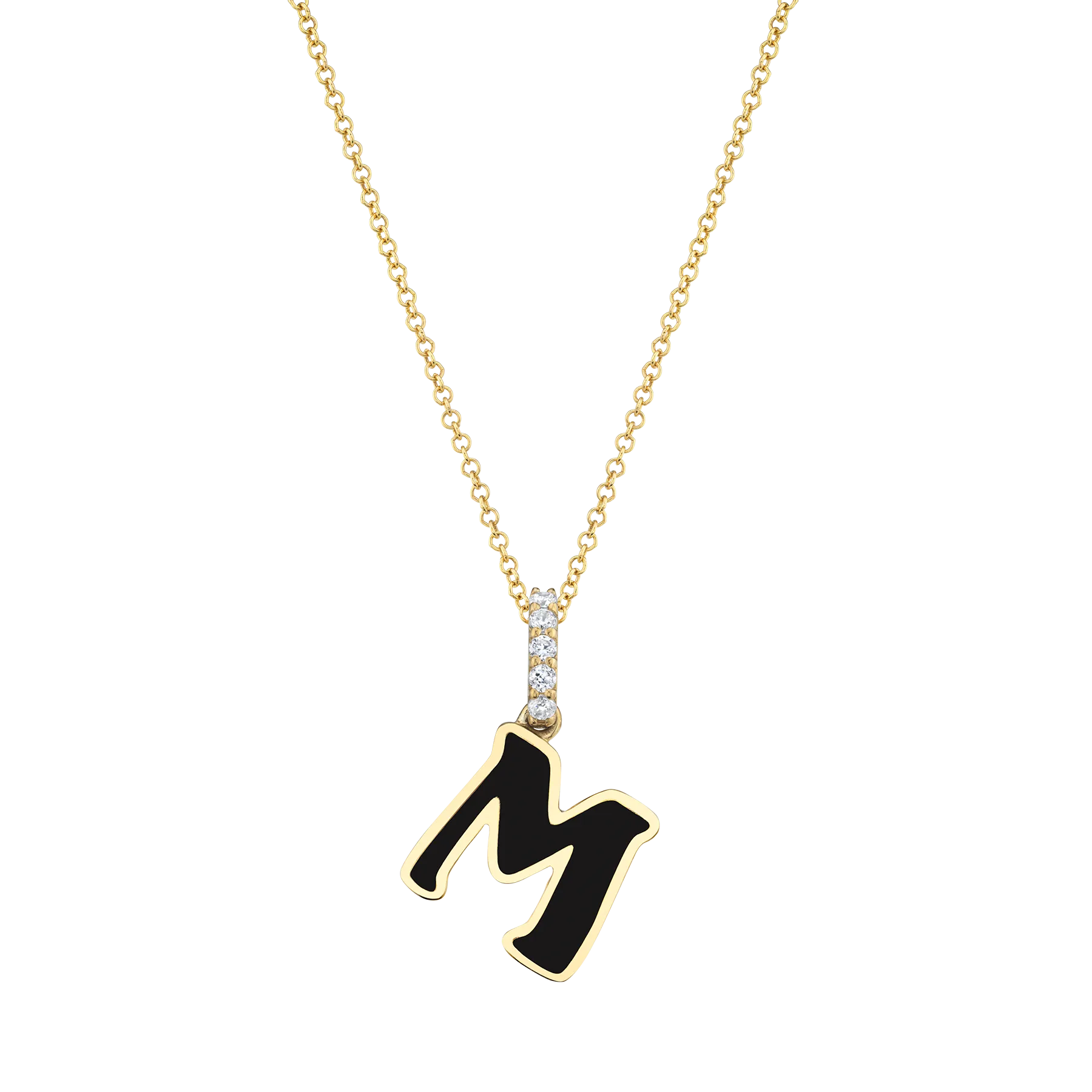 Enamel Letter Pendant - White Diamond and Black Enamel / 14k Yellow Gold