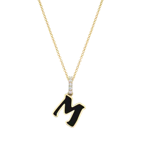 Enamel Letter Pendant - White Diamond and Black Enamel / 14k Yellow Gold