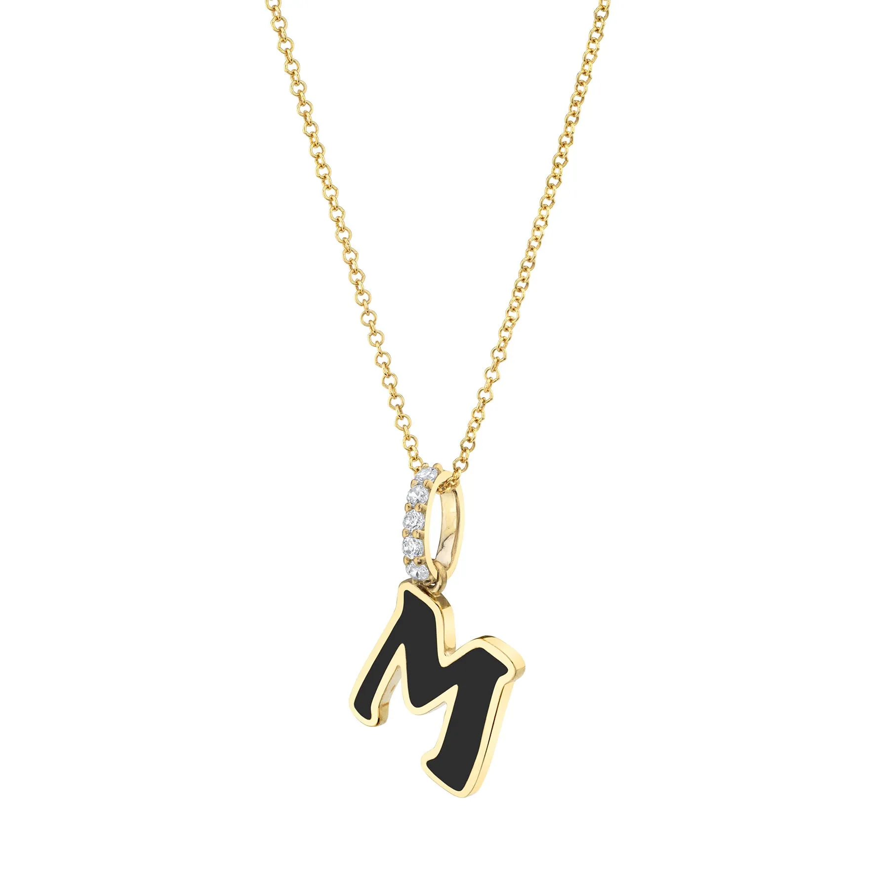 Enamel Letter Pendant - White Diamond and Black Enamel / 14k Yellow Gold