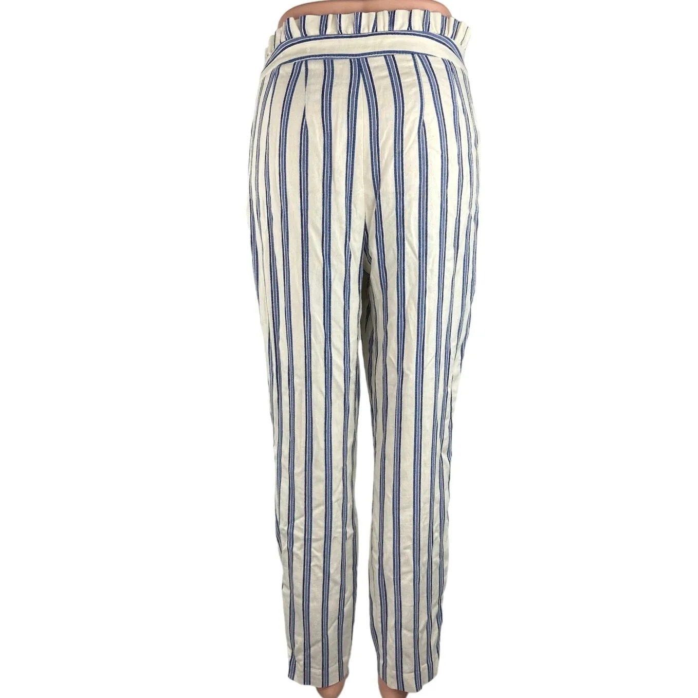 Express Blue White Stripe Ruffle High Rise Straight Leg Paperbag Trouser Pants 2