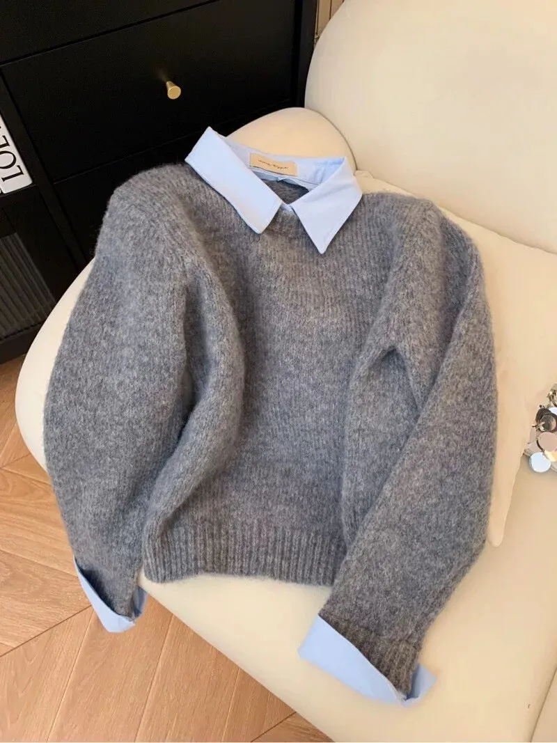 Fake two-piece shirt collar sweater for women autumn new style inner wear lazy style contrast color lapel gray knitted sweater t