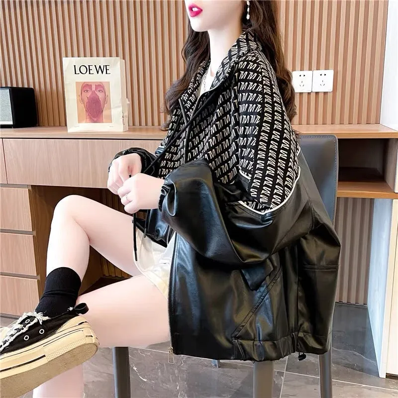 Fashionable design niche stitching leather jacket for women 2023 autumn lazy style Korean style loose cardigan top trend (S0511)