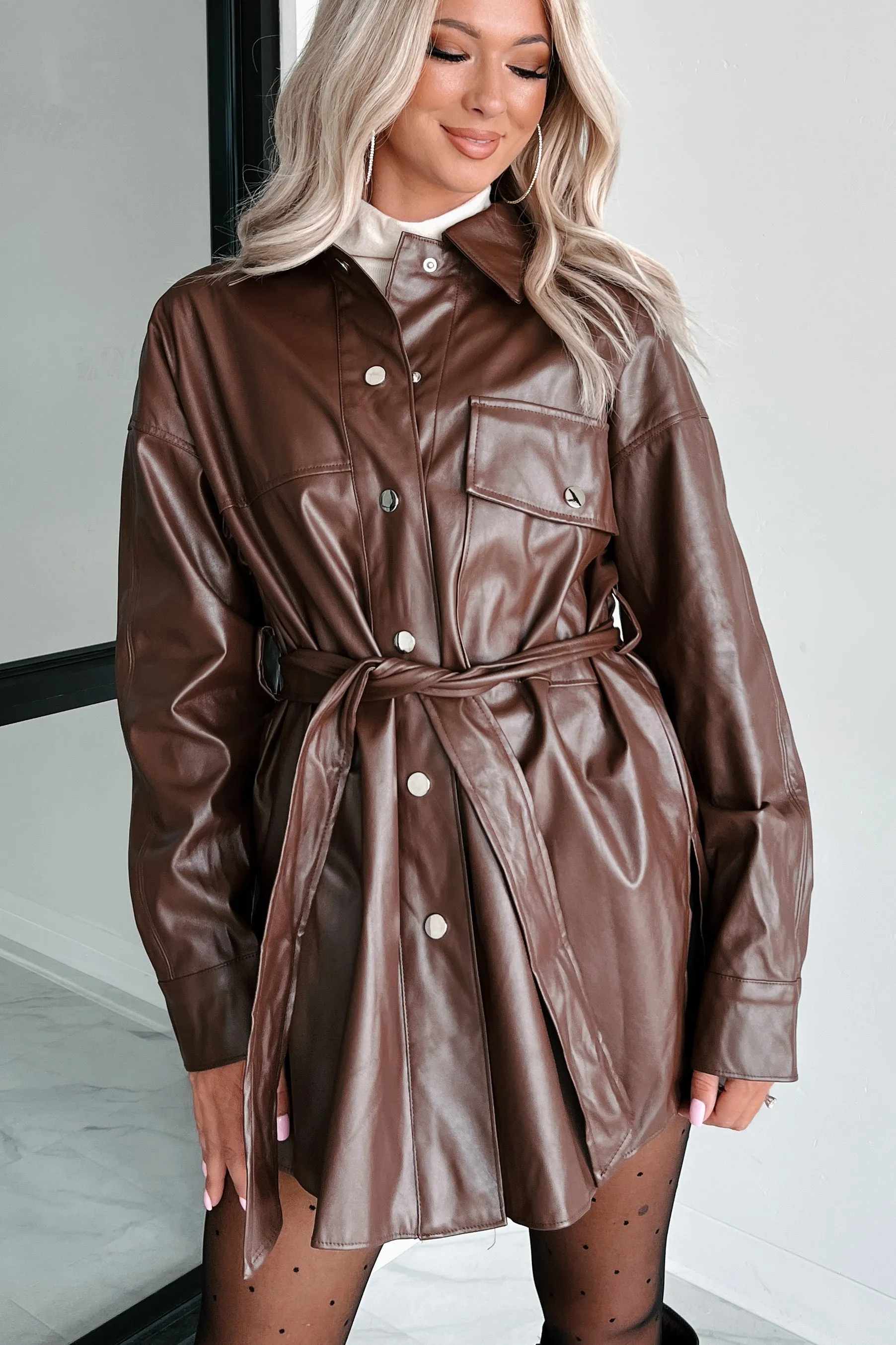 Feeling Fearless Faux Leather Belted Jacket (Brown)