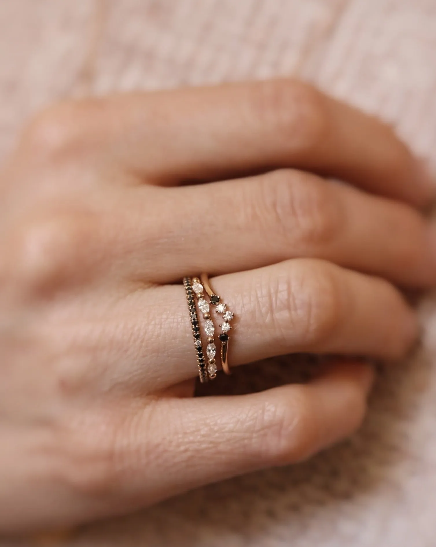 Five Diamond Triangle Ring with Black and White Diamonds