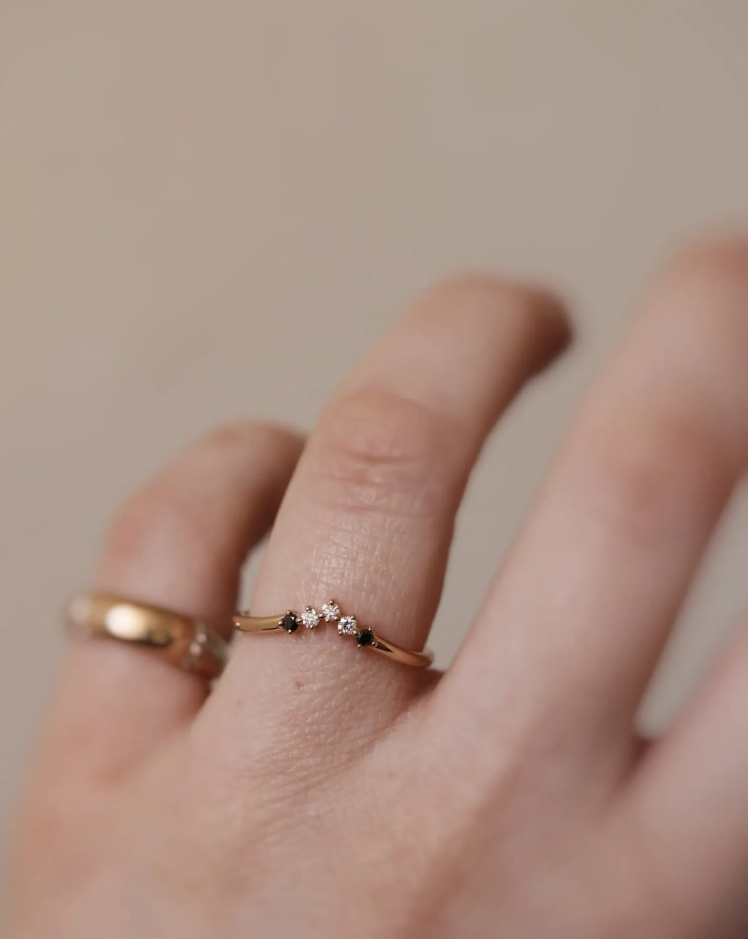 Five Diamond Triangle Ring with Black and White Diamonds