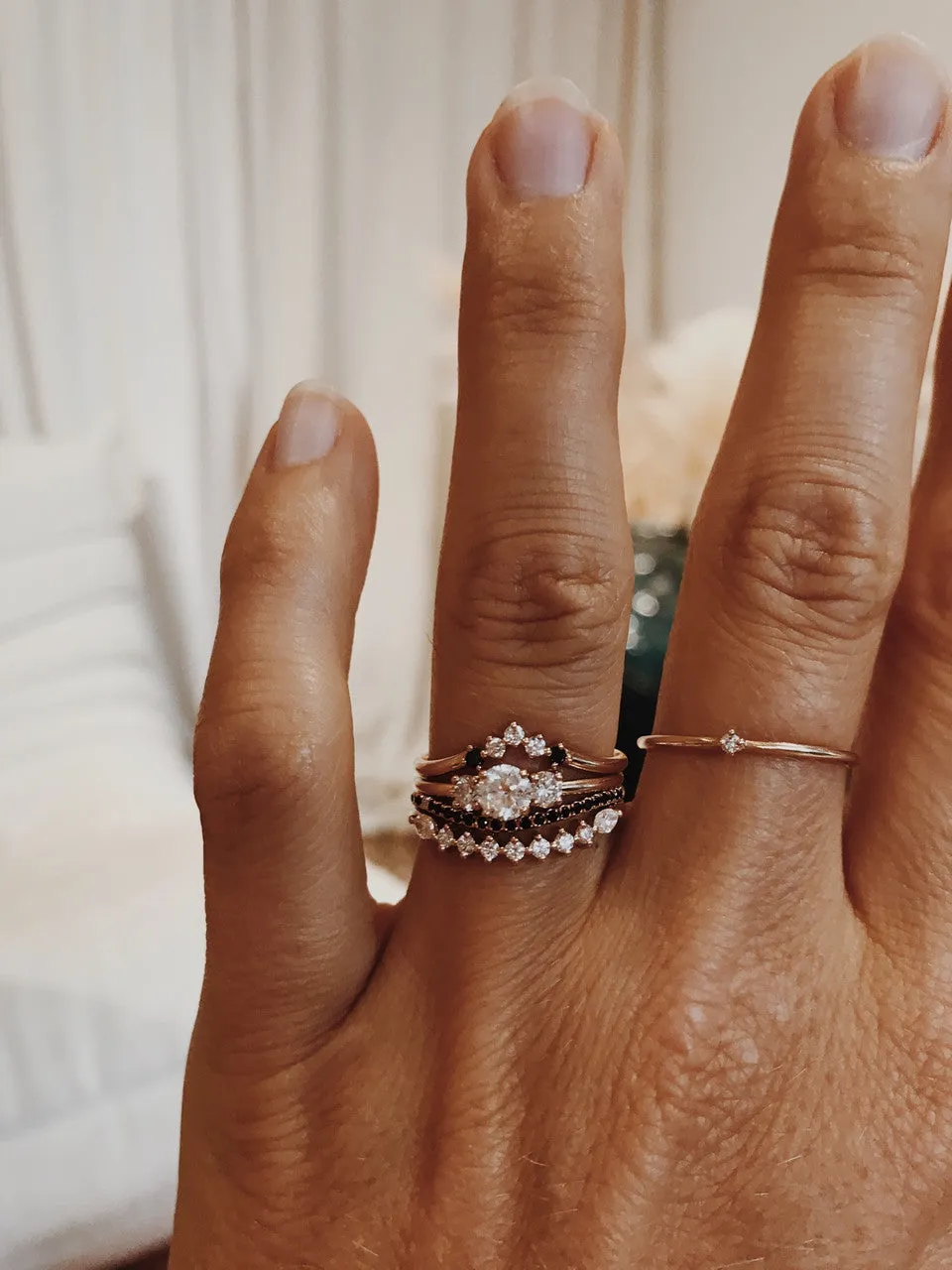 Five Diamond Triangle Ring with Black and White Diamonds