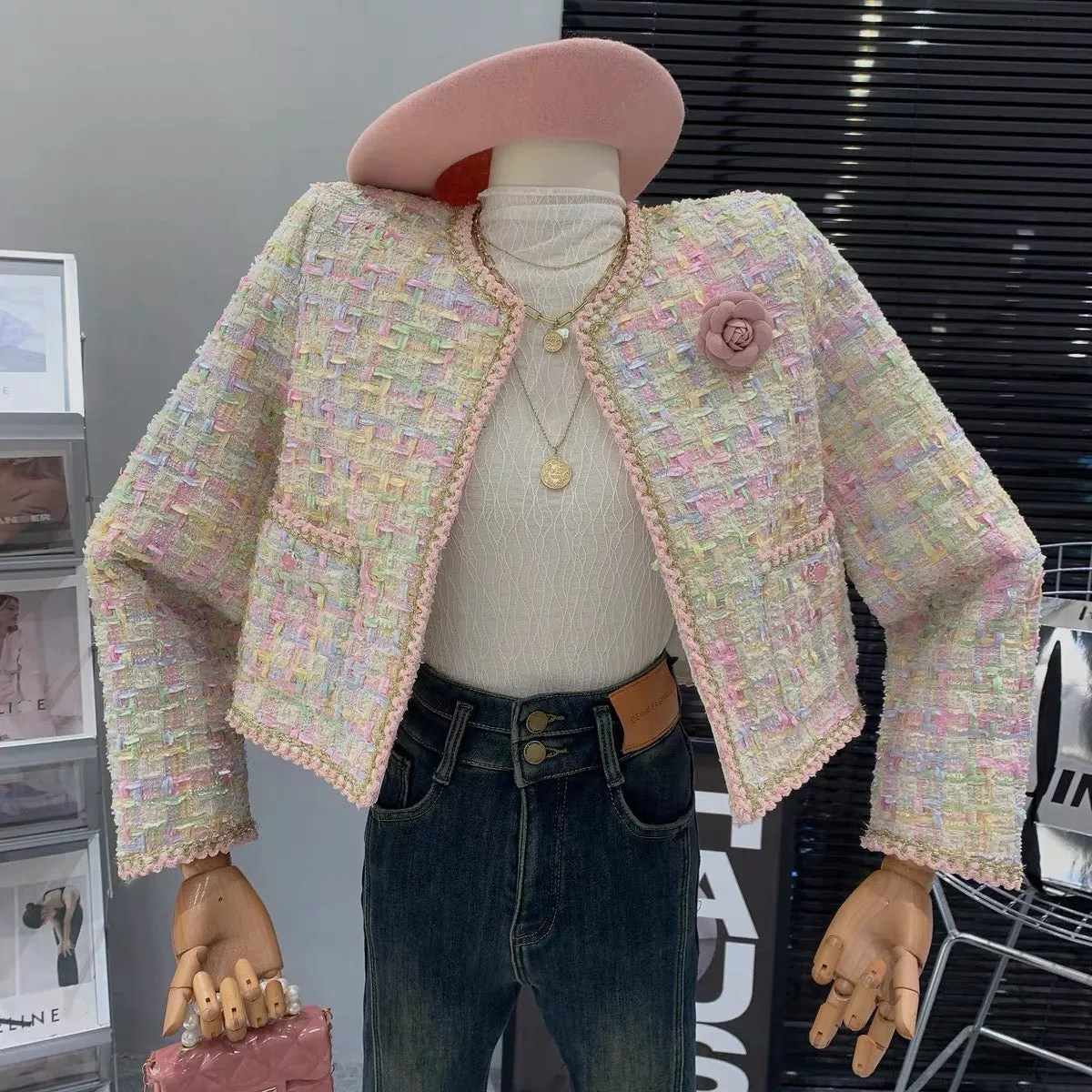 French plaid pink girly style ladylike high-end three-dimensional flower design plaid long-sleeved jacket T7971