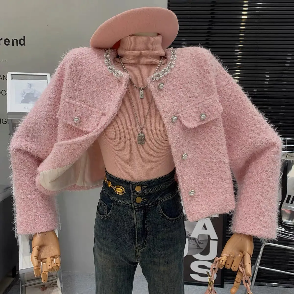 French style wealthy daughter's temperament heavy beaded single-breasted tweed high-end loose and versatile jacket for women