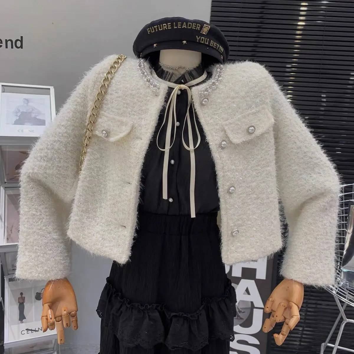 French style wealthy daughter's temperament heavy beaded single-breasted tweed high-end loose and versatile jacket for women