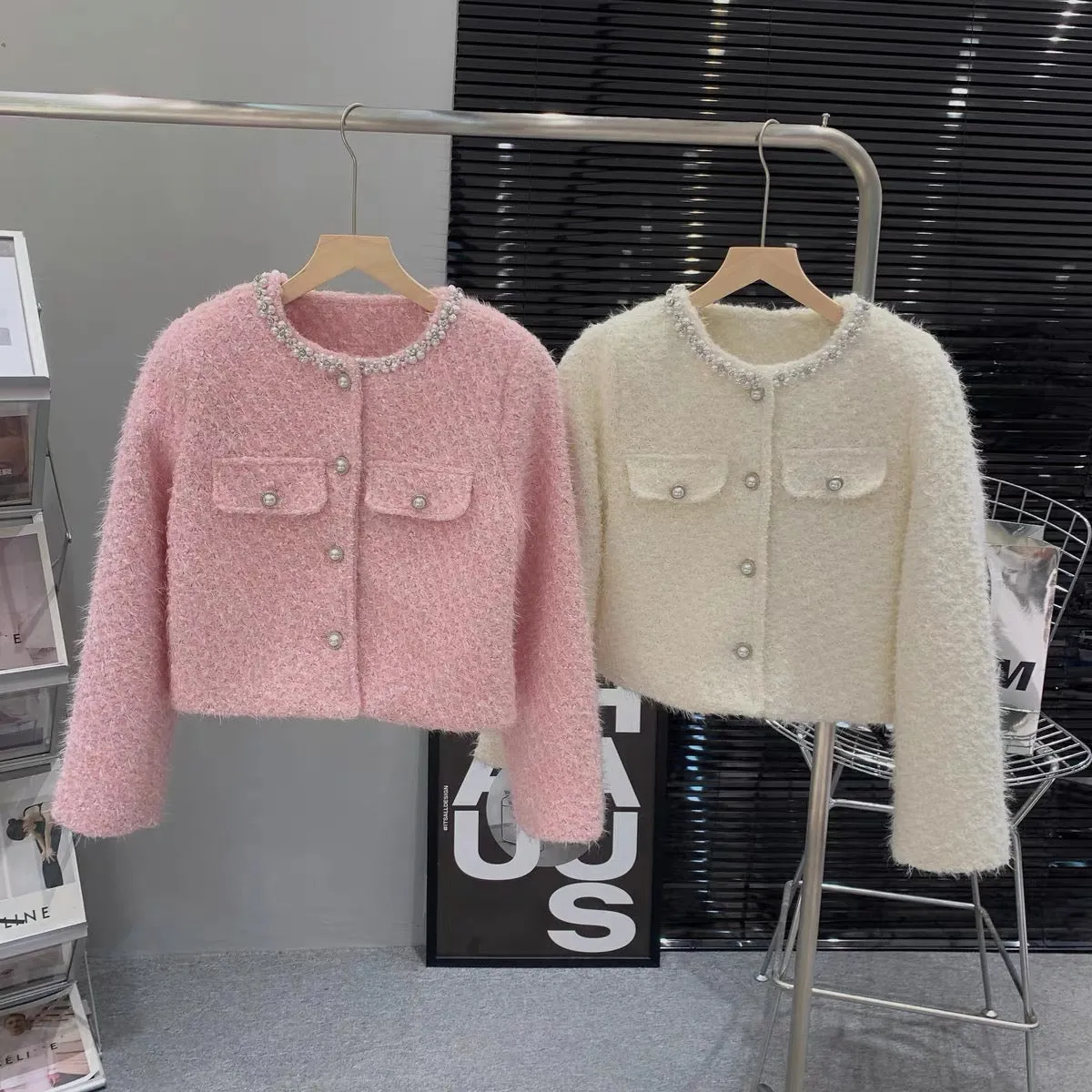 French style wealthy daughter's temperament heavy beaded single-breasted tweed high-end loose and versatile jacket for women
