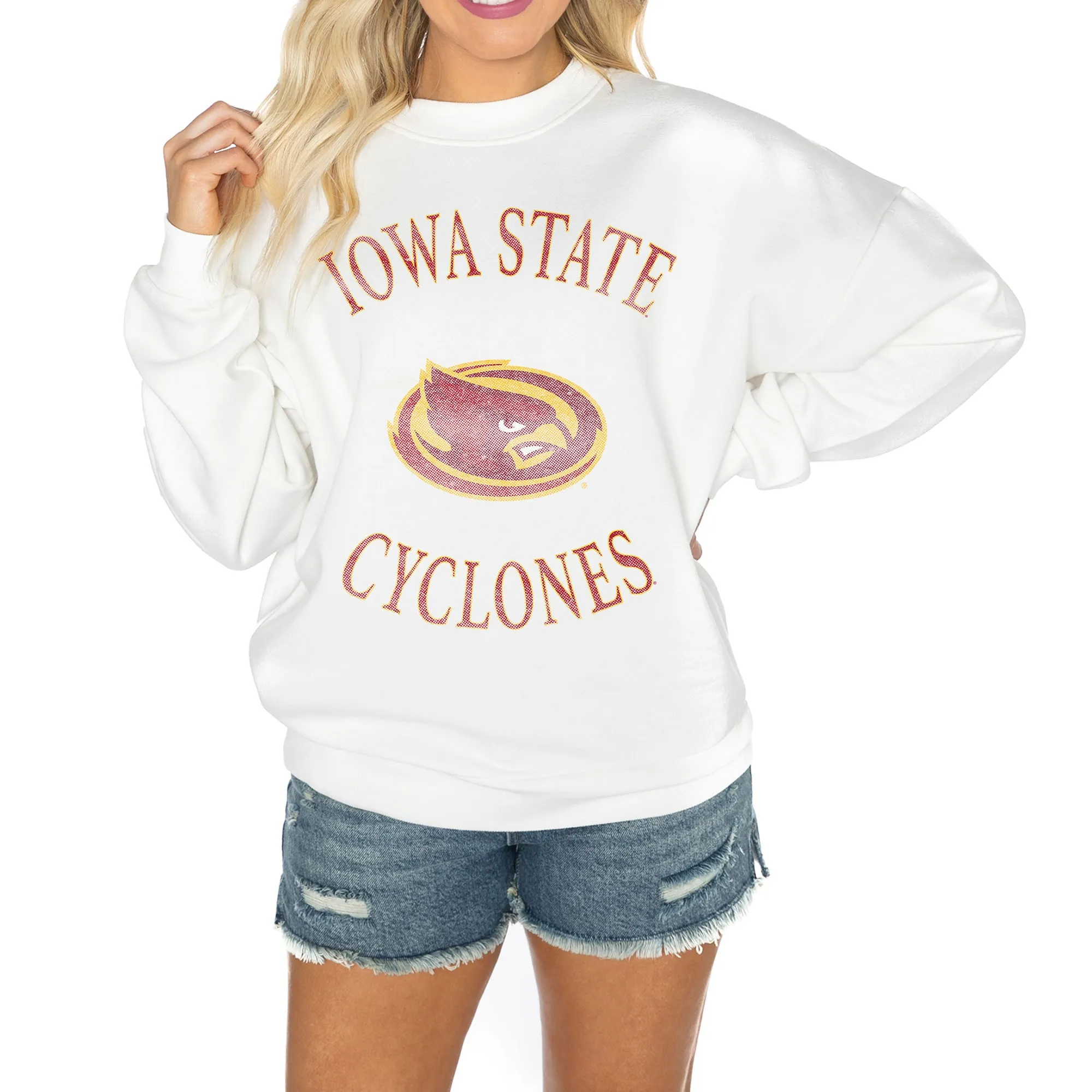Gameday Couture Iowa State Cyclones Women's White Good Vibes Premium Fleece Drop Shoulder Pullover Sweatshirt