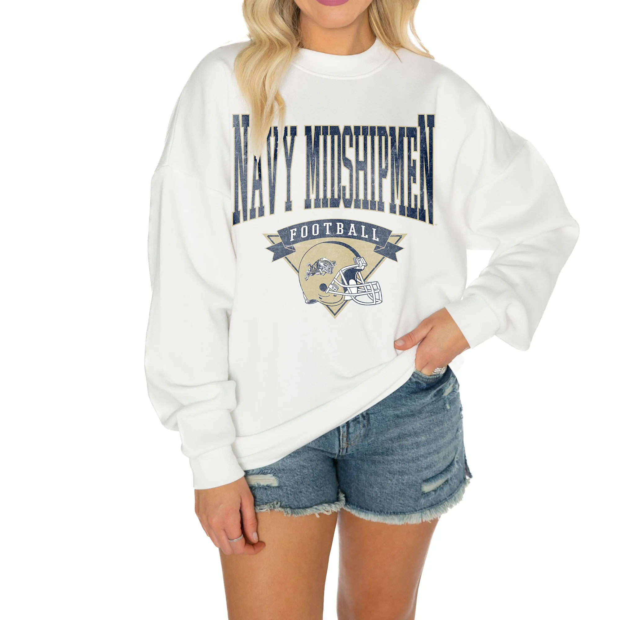 Gameday Couture Navy Midshipmen Women's White Good Vibes Premium Fleece Drop Shoulder Pullover Sweatshirt