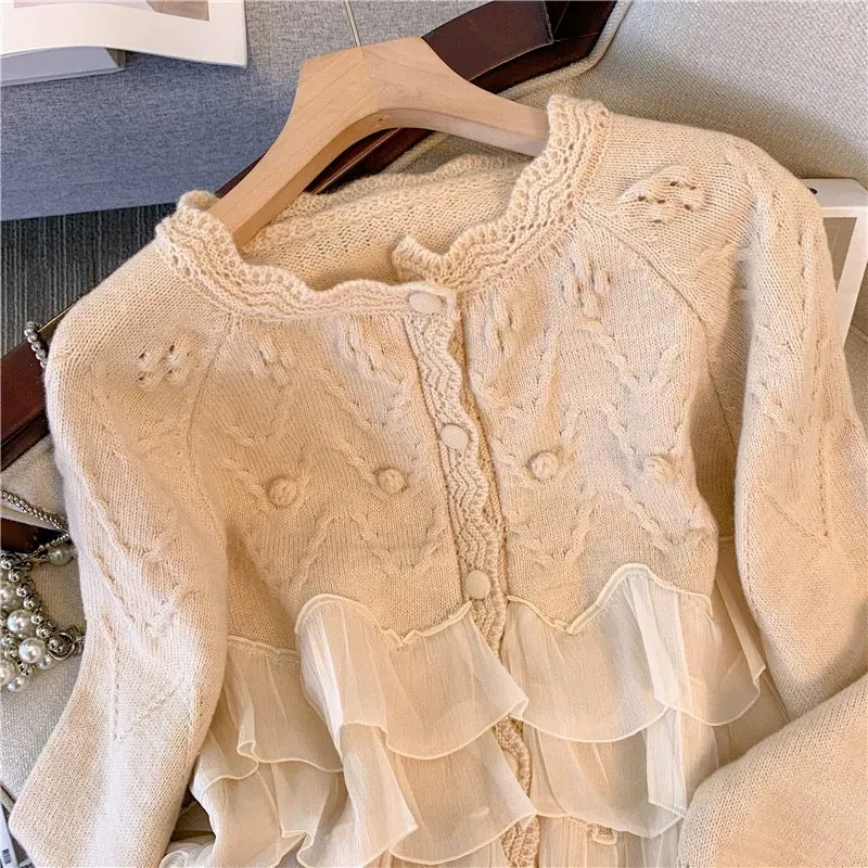 Gentle lady style knitted hollow ruffle spliced long-sleeved knitted cardigan for outer wear and inner top for women in autumn