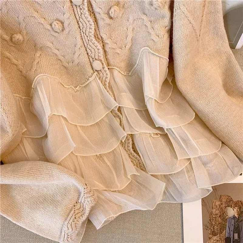 Gentle lady style knitted hollow ruffle spliced long-sleeved knitted cardigan for outer wear and inner top for women in autumn