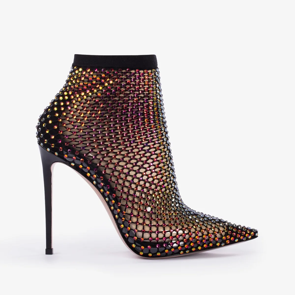 GILDA ANKLE BOOT 120 mm Black fishnet ankle boot and iridescent Crystals