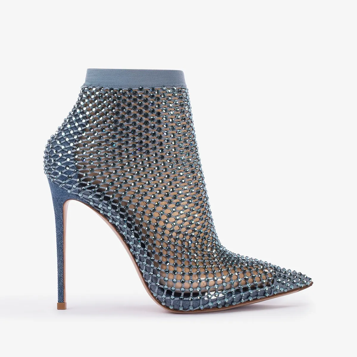 GILDA ANKLE BOOT 120 mm Denim blue fishnet ankle boot and Crystals