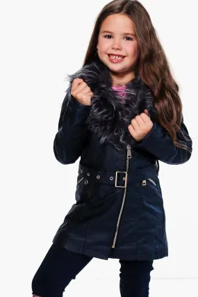 Girls Boutique Faux Leather Fur Collar Coat