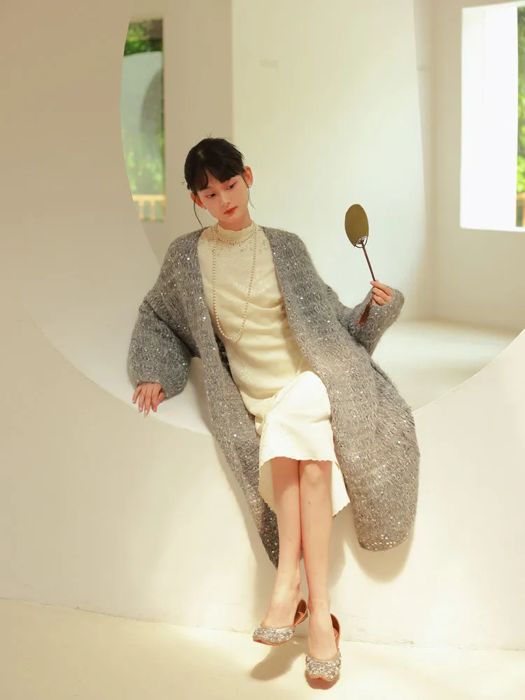 Glossy Loose Knit Effortless Sequins Long-Cardigan