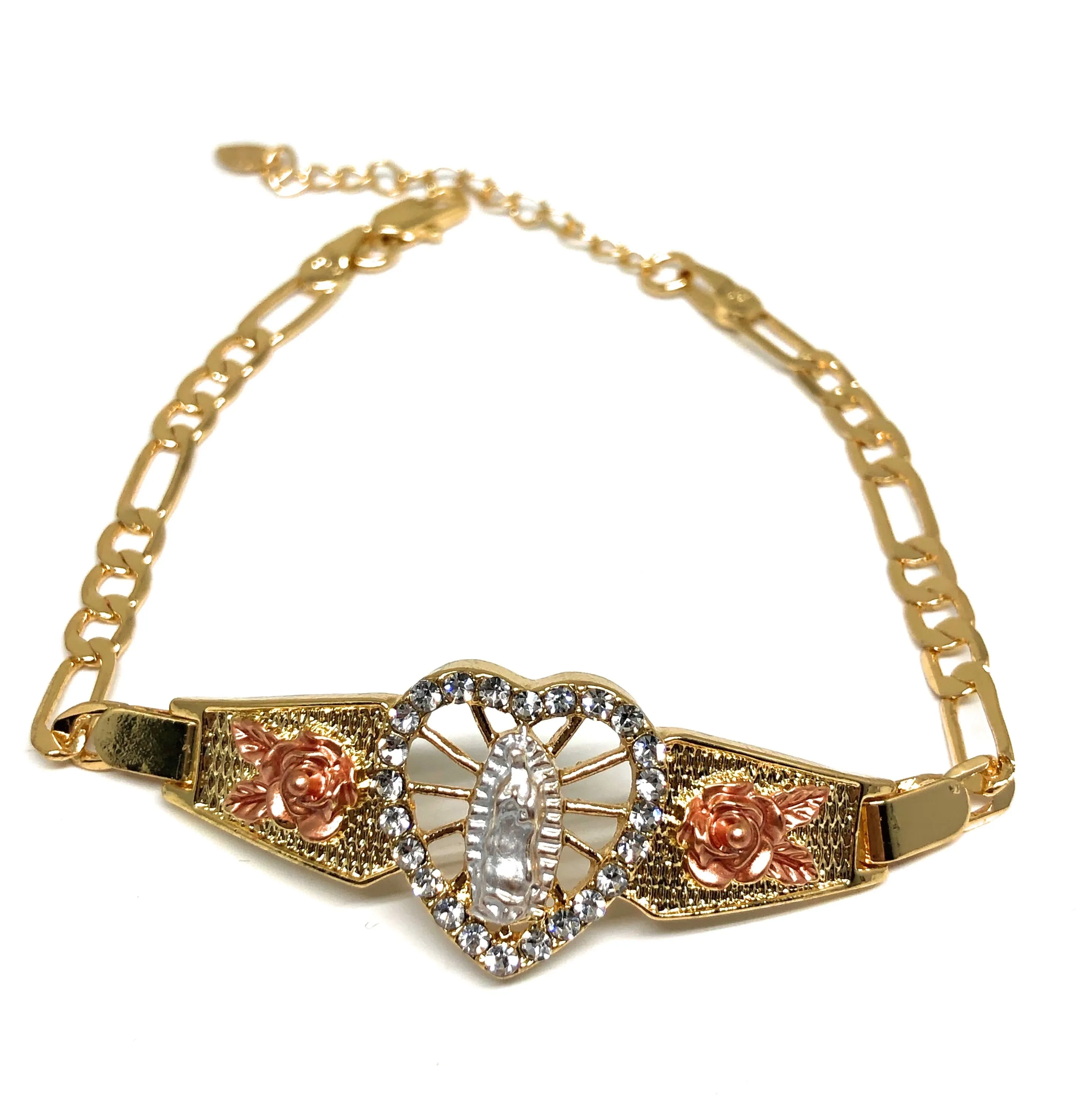 Gold Plated Tri-Color Virgin Mary Heart Bracelet Virgen De Guadalupe Esclava 8