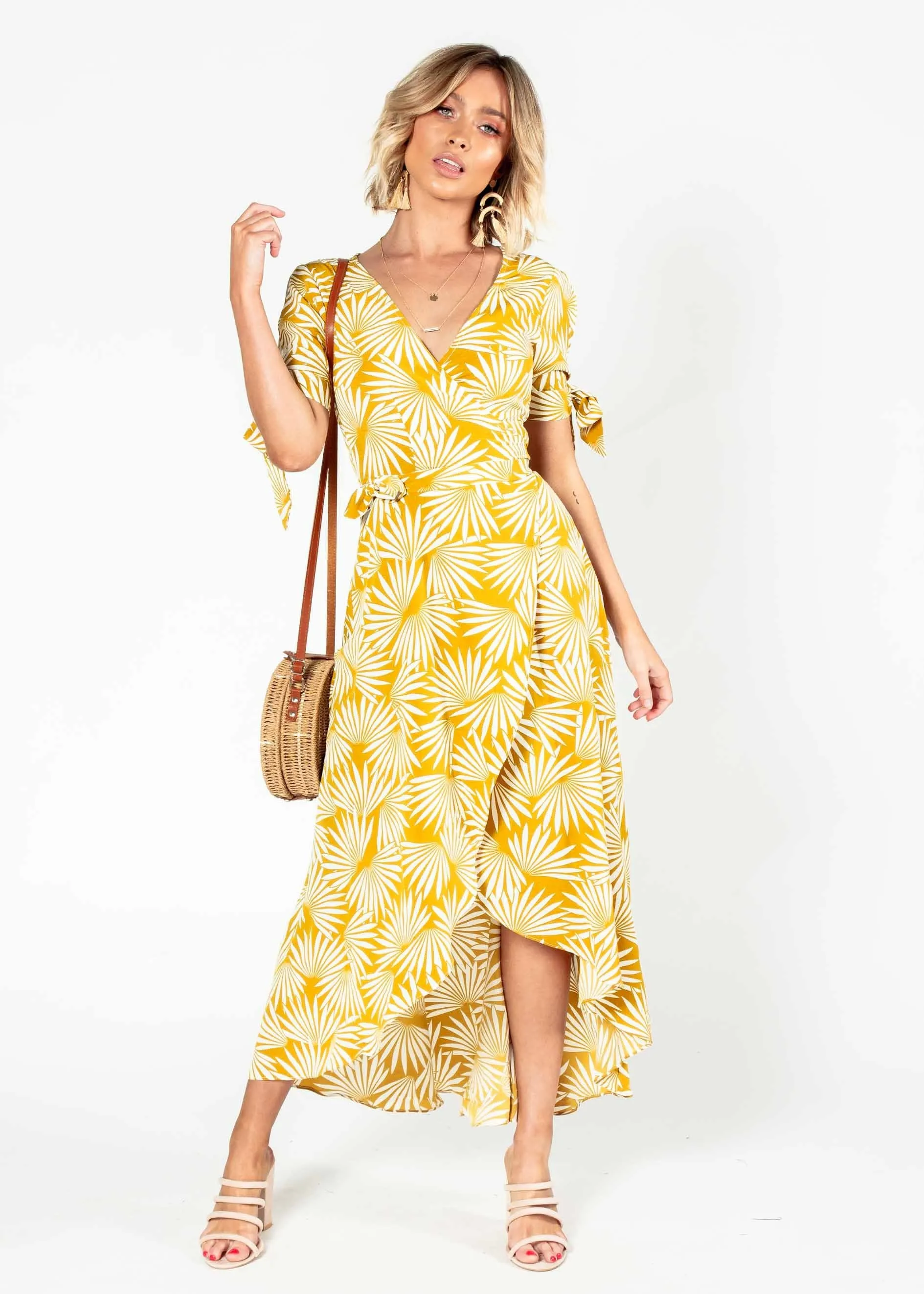 Golden Rule Wrap Midi Dress - Mustard Palms