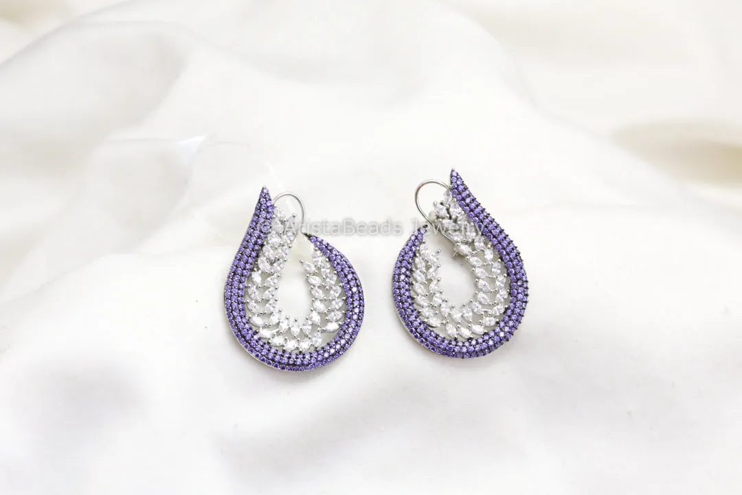 Half Moon CZ Pave Setting Earrings - Purple