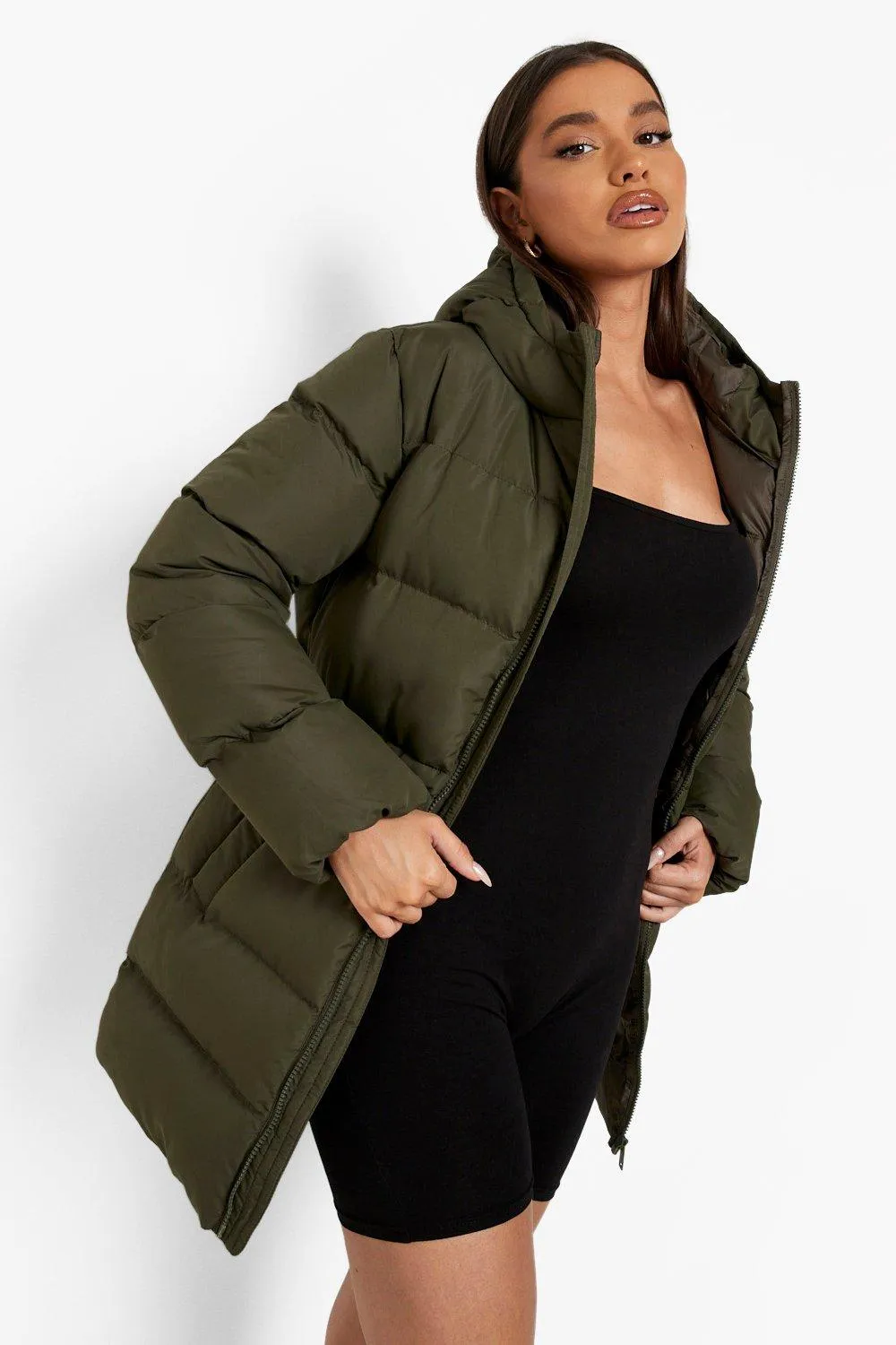 Hooded Waist Detail Puffer Coat