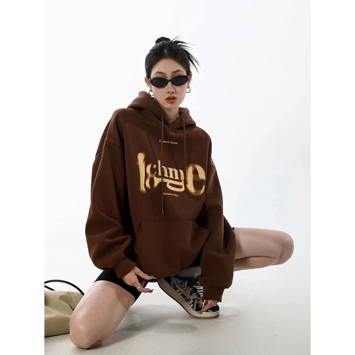 ICH MODE blurred letter design American retro hooded sweatshirt women's spring and autumn high street pullover spring and autumn