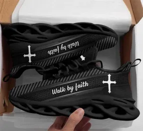 Jesus Christian Cross Walk By Faith Religious Black Iron Metal Style Clunky Sneakers