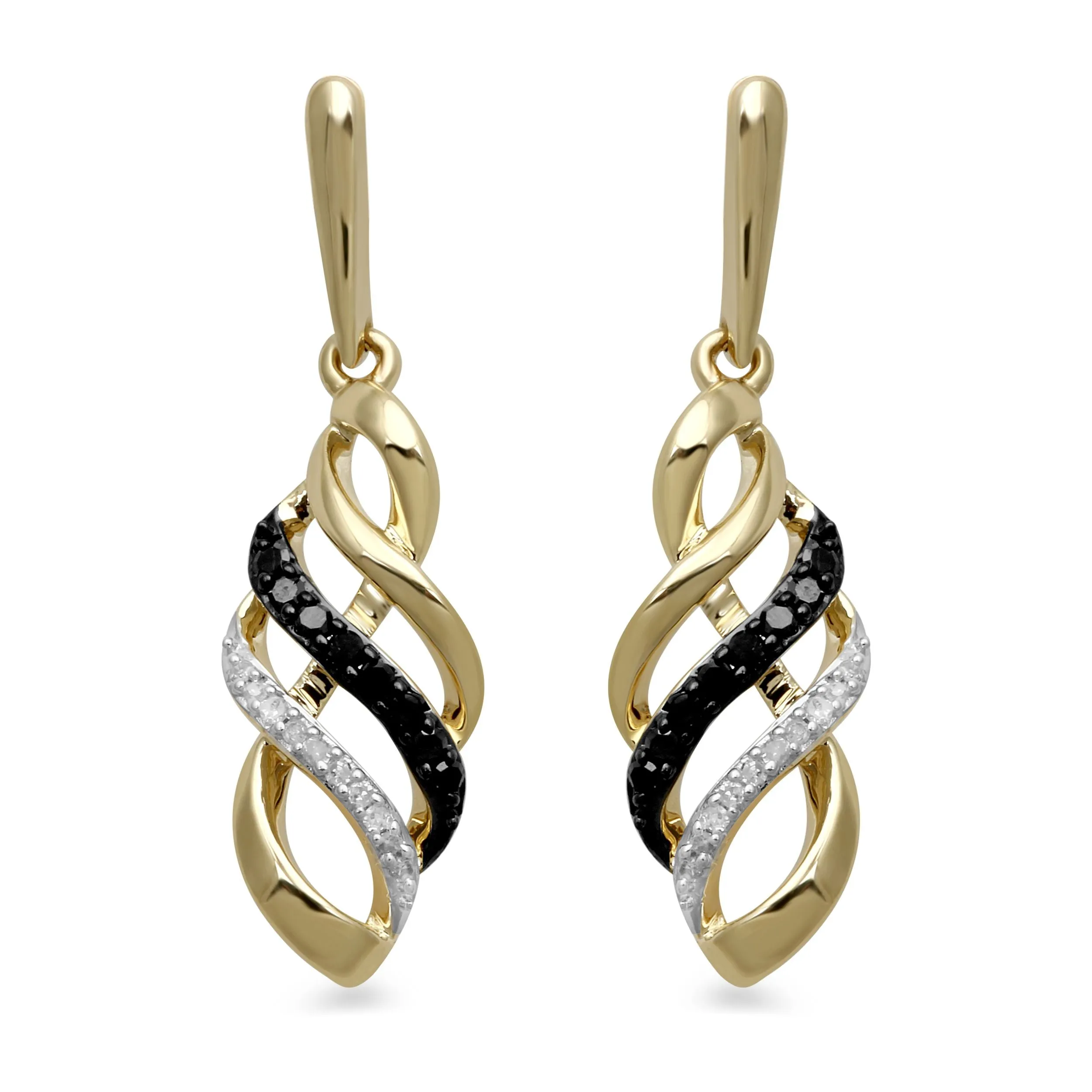 Jewelili 10K Yellow Gold With 1/6 CTTW Treated Black and White Natural Diamond Dangle Earrings