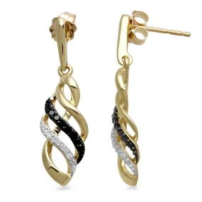 Jewelili 10K Yellow Gold With 1/6 CTTW Treated Black and White Natural Diamond Dangle Earrings