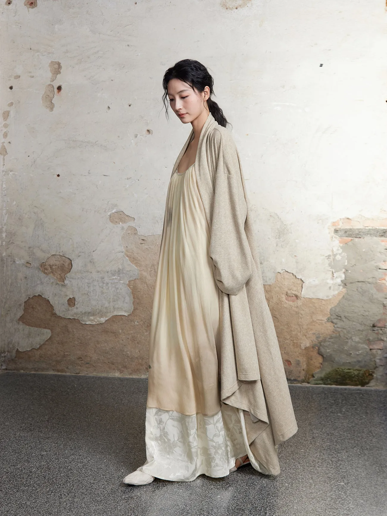 Knitted Pile Collar Long Gown Cardigan