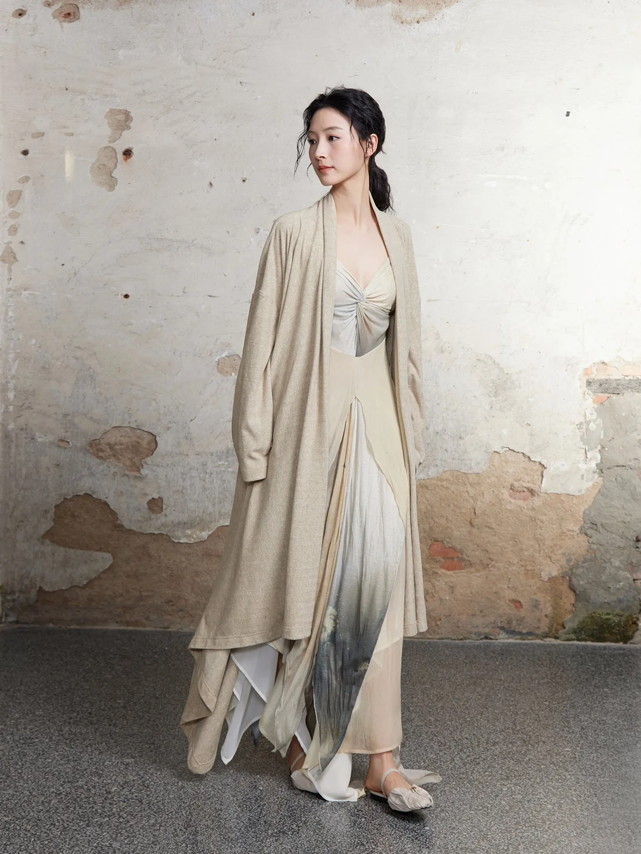 Knitted Pile Collar Long Gown Cardigan