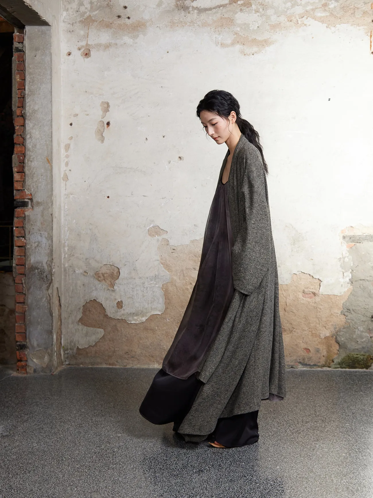 Knitted Pile Collar Long Gown Cardigan