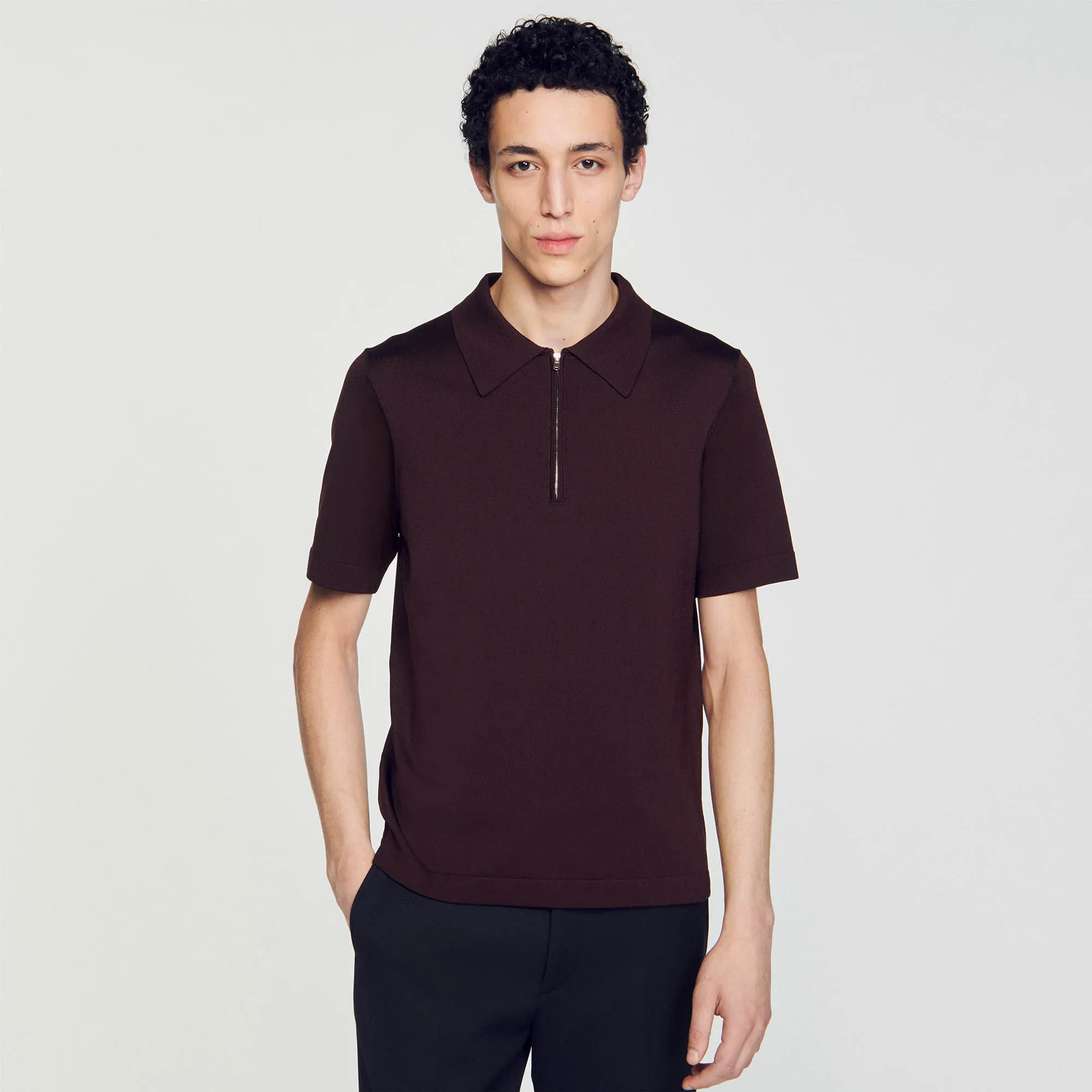 Knitted polo shirt with zip collar