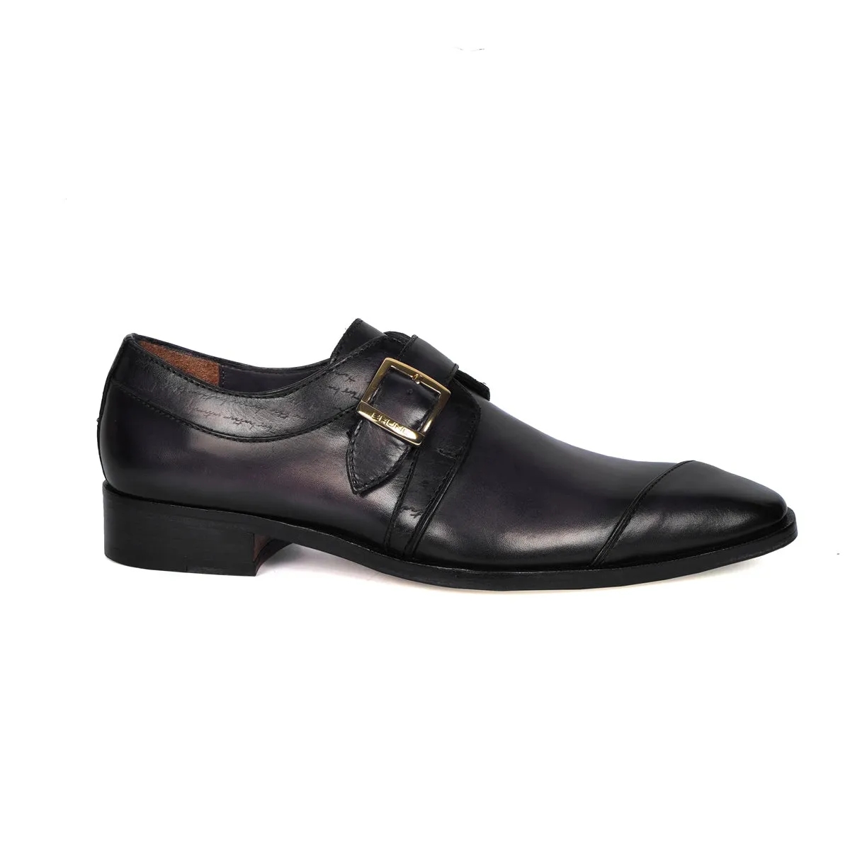Laser Engraved Single Monk Formal Shoes in  Grey Leather Slant Cap Toe Top Line By Brune & Bareskin