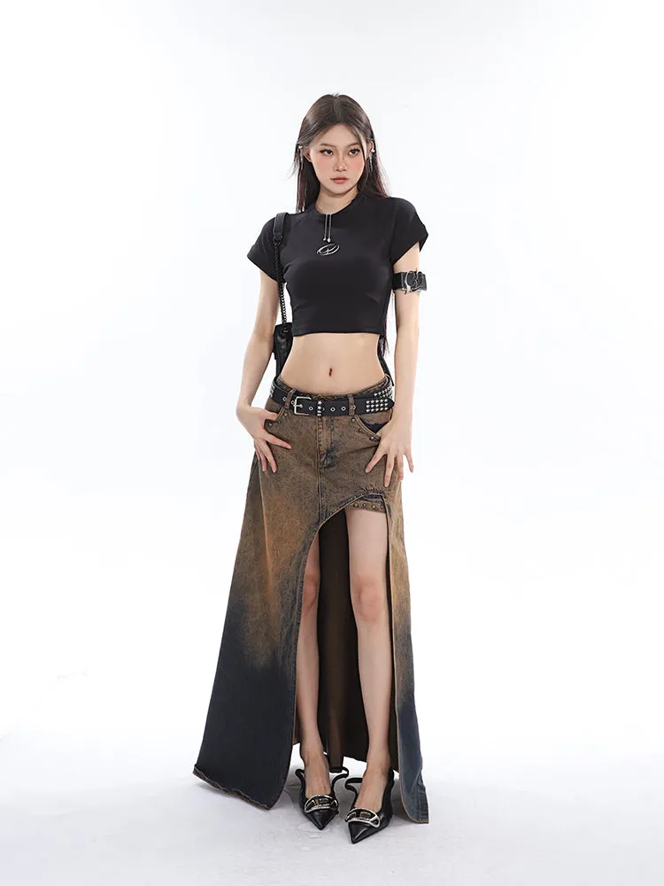 Lienna Denim Gradient Low Waist Asymmetrical Cut-Out Side Slit Long Jeans Skirt